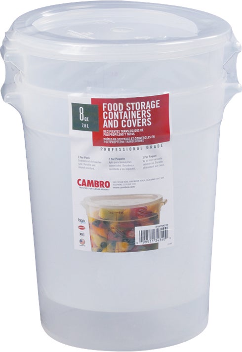 Cambro 8 Qt Round Food Storage Container with Lid, 2-Pack