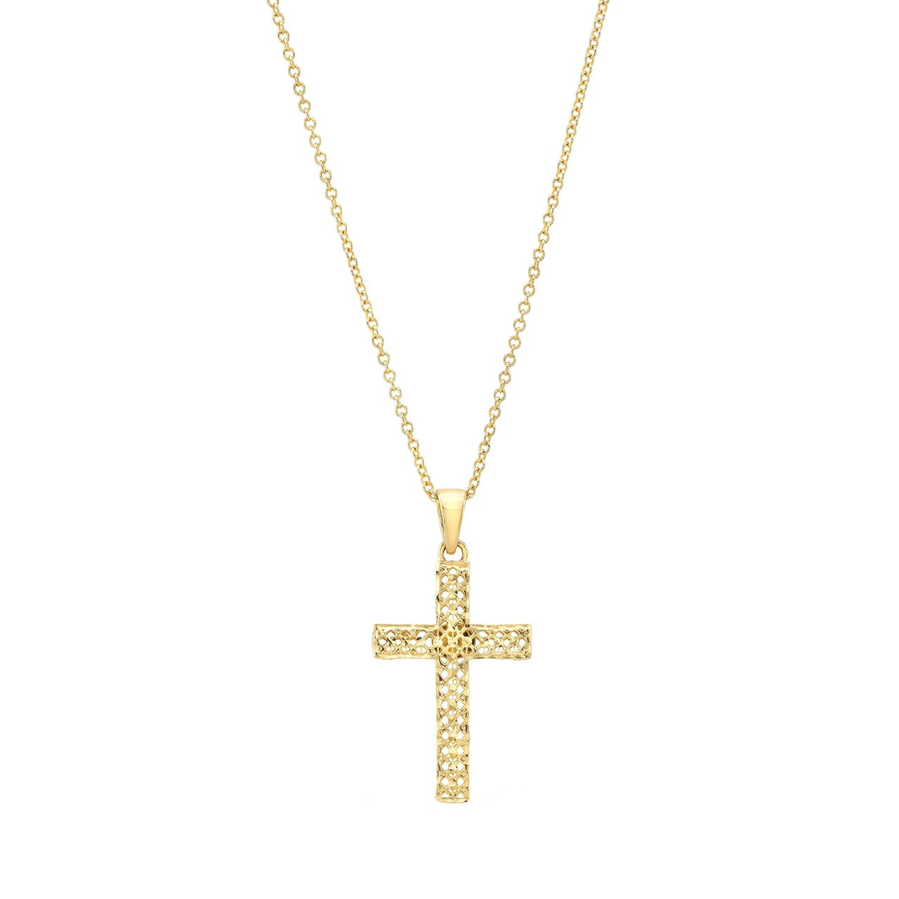 14KT Yellow Gold Diamond Cut Cross on an 18" Rolo Chain Made in Italy