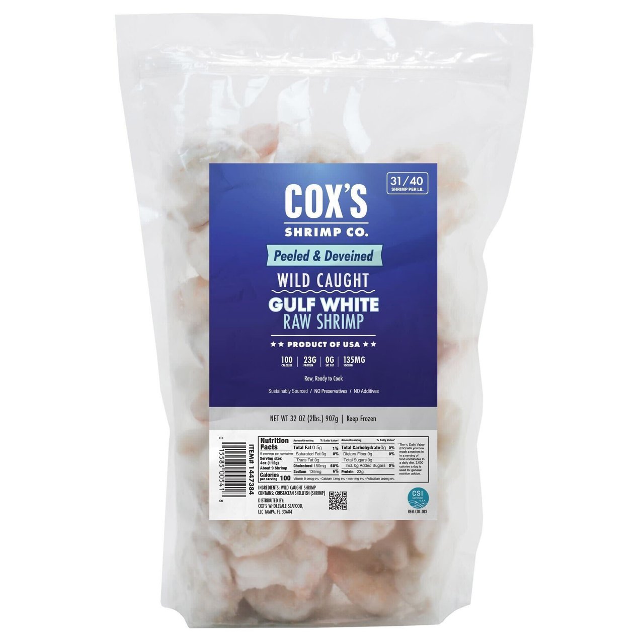 Cox's Seafood Gulf White Shrimp 31/40 CT per lb / 2 lb - Image 1