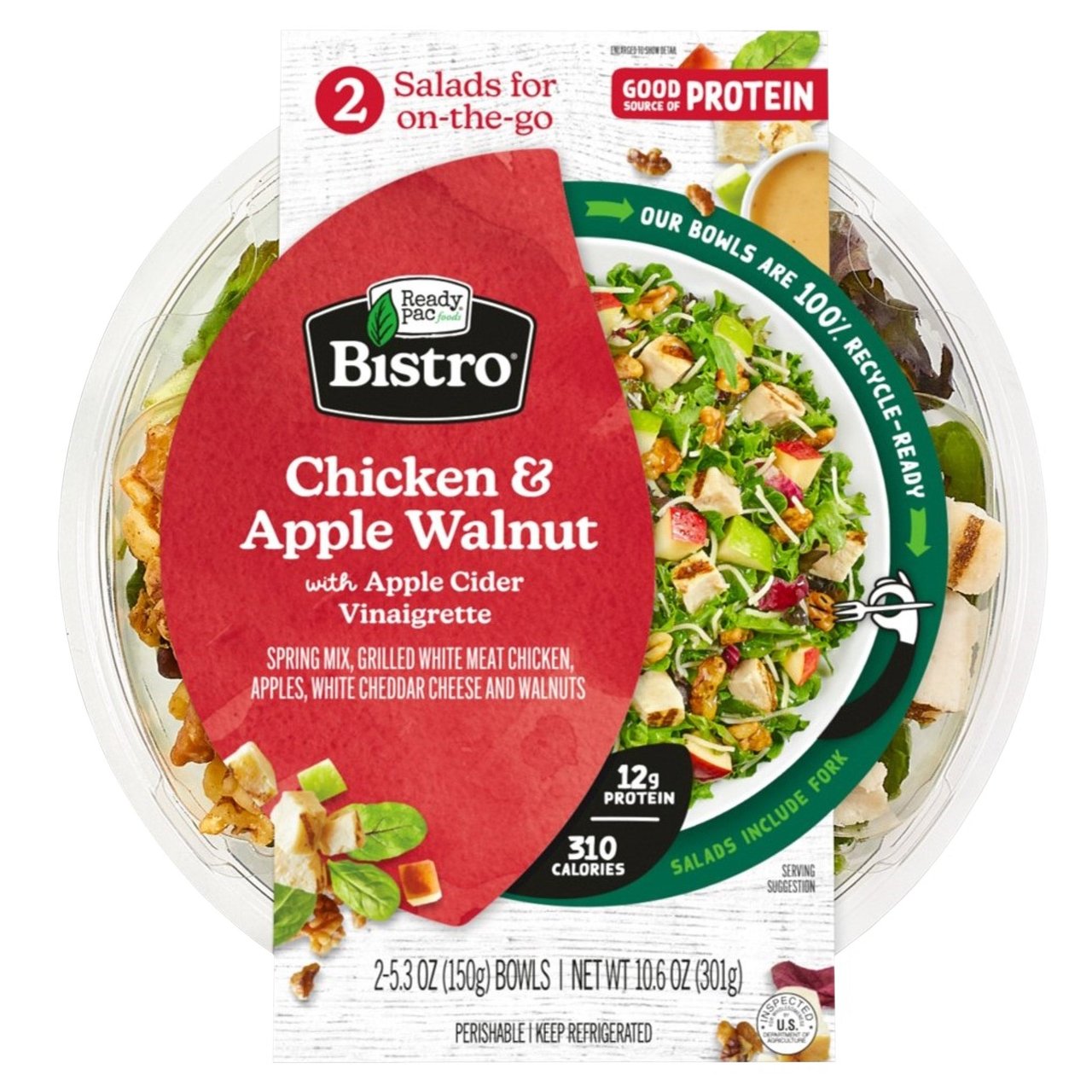 Ready Pac Bistro Chicken Apple Walnut Salad Bowl, 2-Pack, 5.3 oz Each