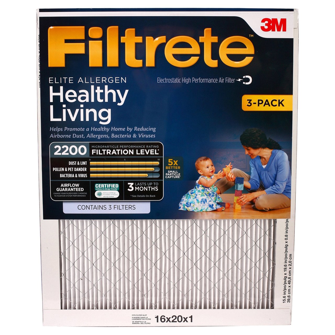 3M Filtrete Furnace Filter 3-Pack 2200 MPR 16"x20"x1"