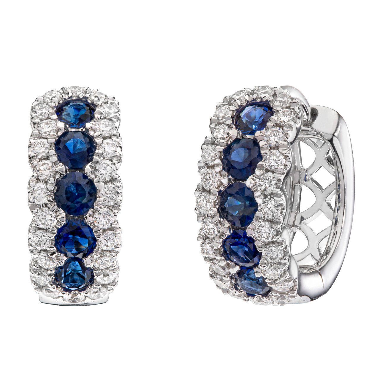 14kt White Gold VS2/I Round Diamond and Blue Sapphire Hoop Earrings - Image 1