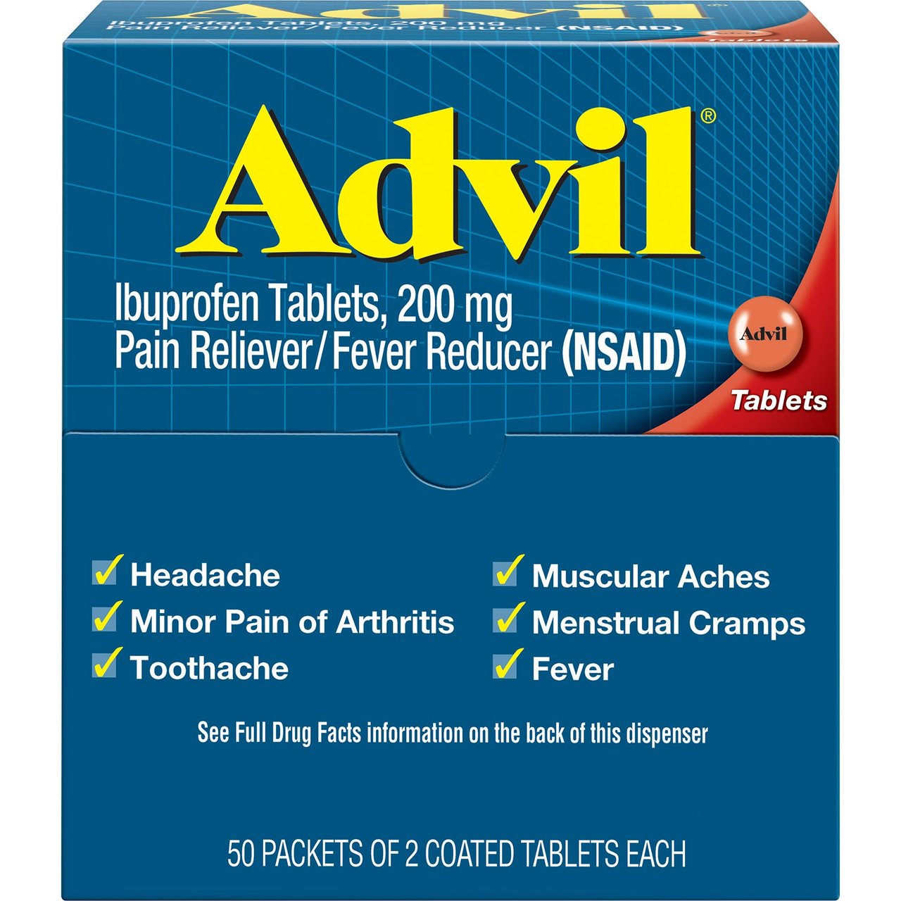 Advil Ibuprofen Tablets, 200mg, 50 Packets of 2 Coated Tablets - Image 1