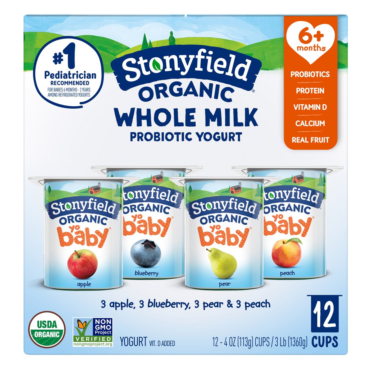 Stonyfield Organic YoBaby Apple/Blueberry/Peach/Pear Whole Milk Baby Yogurt, 12 Count, 4 oz Cups