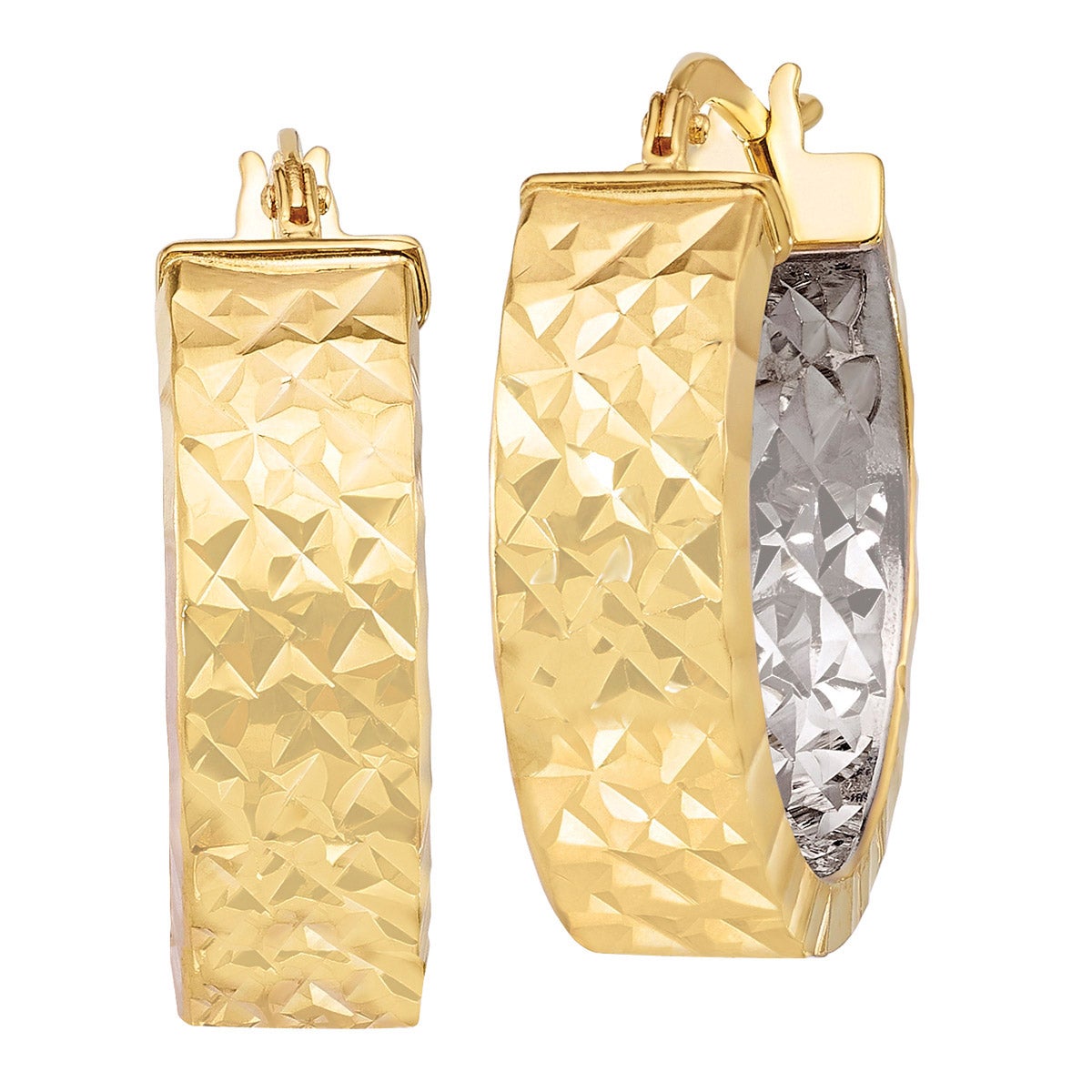 14KT Two-Tone Gold Diamond-Cut Huggie Hoop Earrings Made in Italy - Image 1