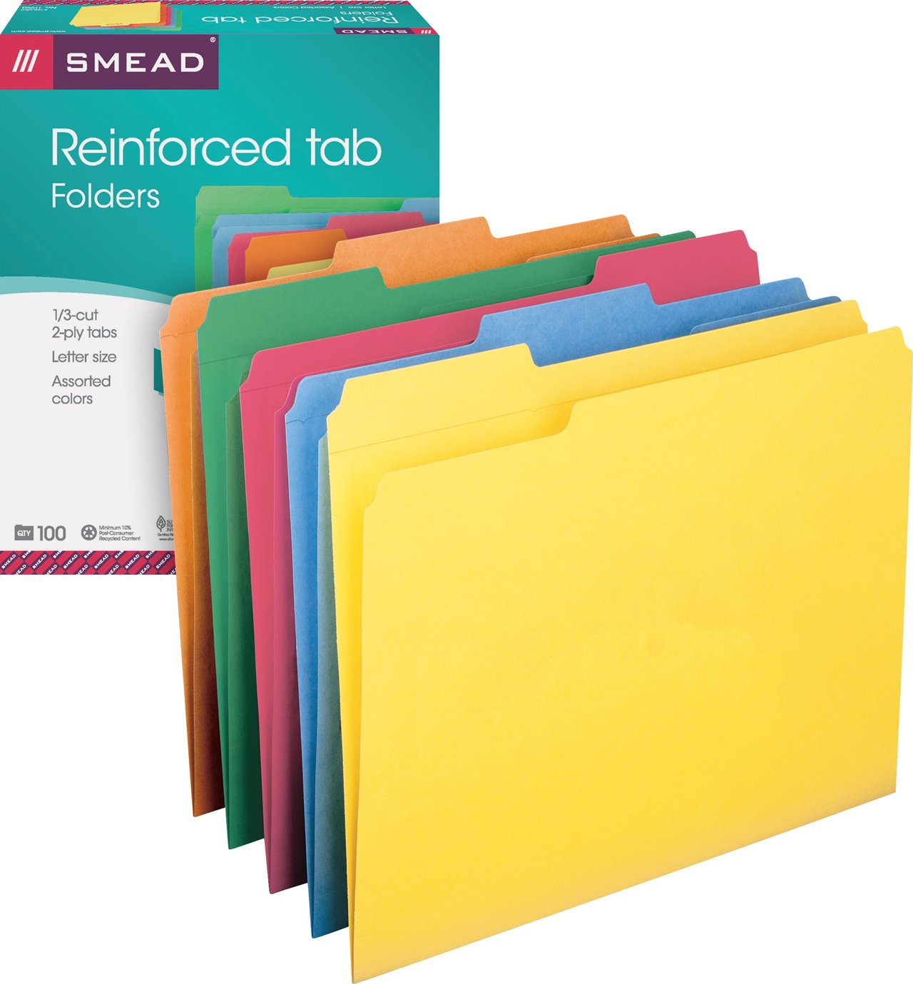Smead Top Tab File Folders, 1/3-Cut, Assorted Colors, Letter Size, 100 Count - Image 1