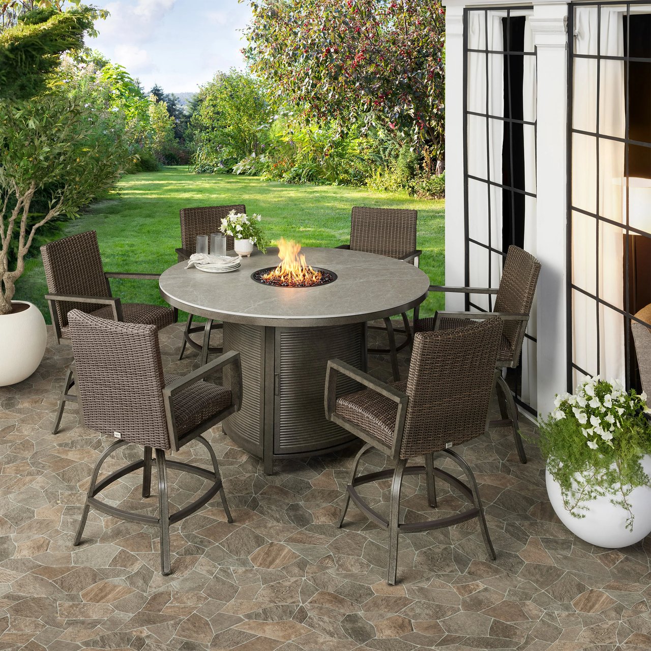 Agio Oakland 7-Piece High Dining Set with Fire Table - Image 1
