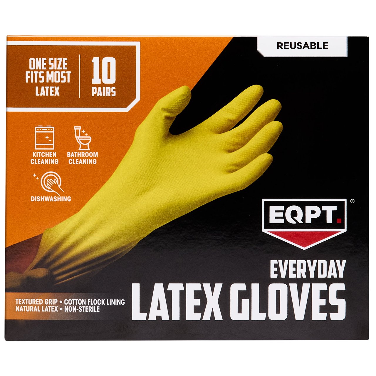 EQPT Everyday Reusable Latex Gloves, One Size, Yellow, 10 Pairs - Image 1