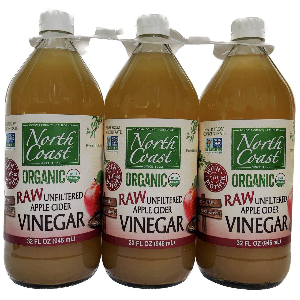 Organic North Coast Apple Cider Vinegar, 3 x 32 oz Bottles - Image 1