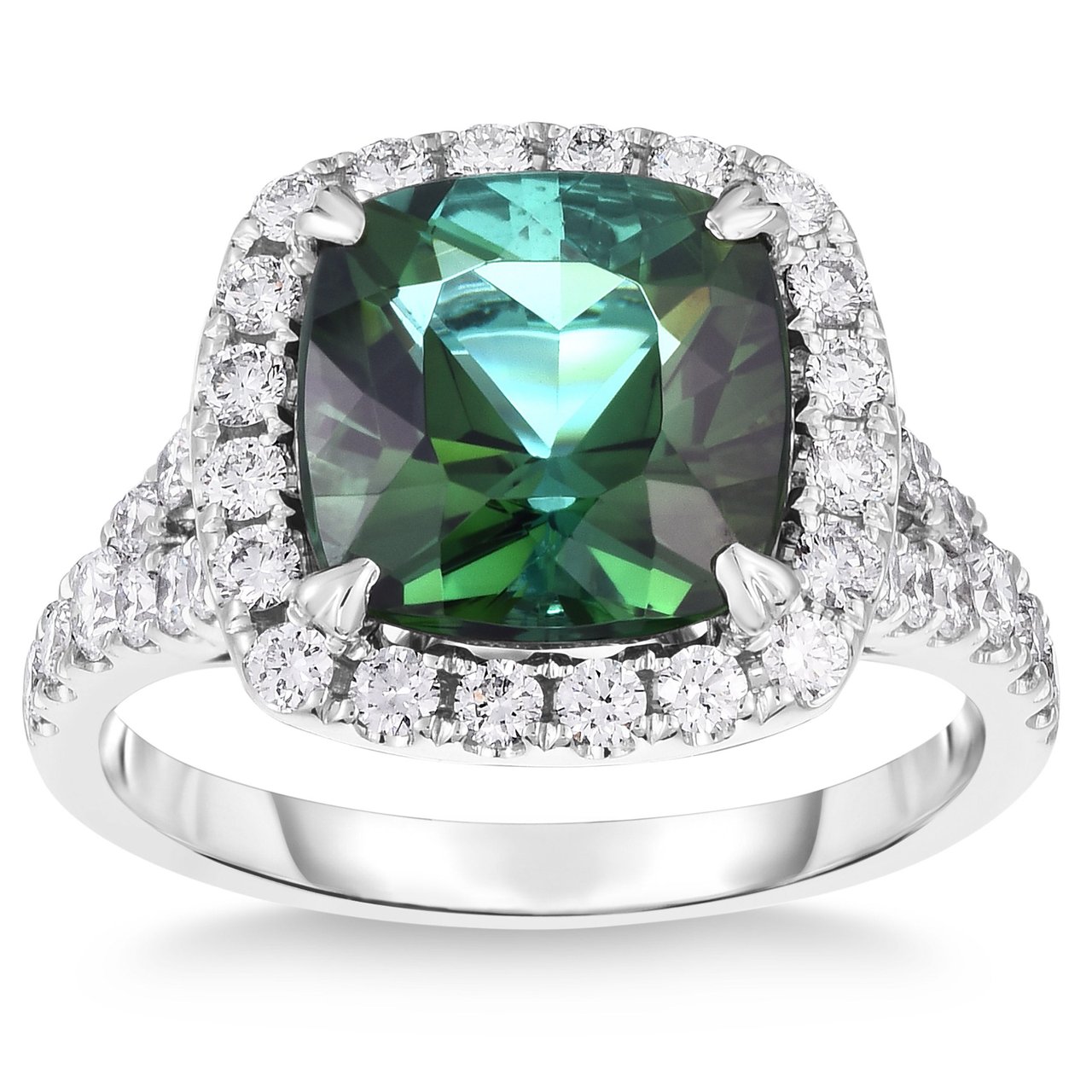 9x9mm Cushion Green Tourmaline 0.83 ctw Diamond 18kt White Gold Ring - Image 1