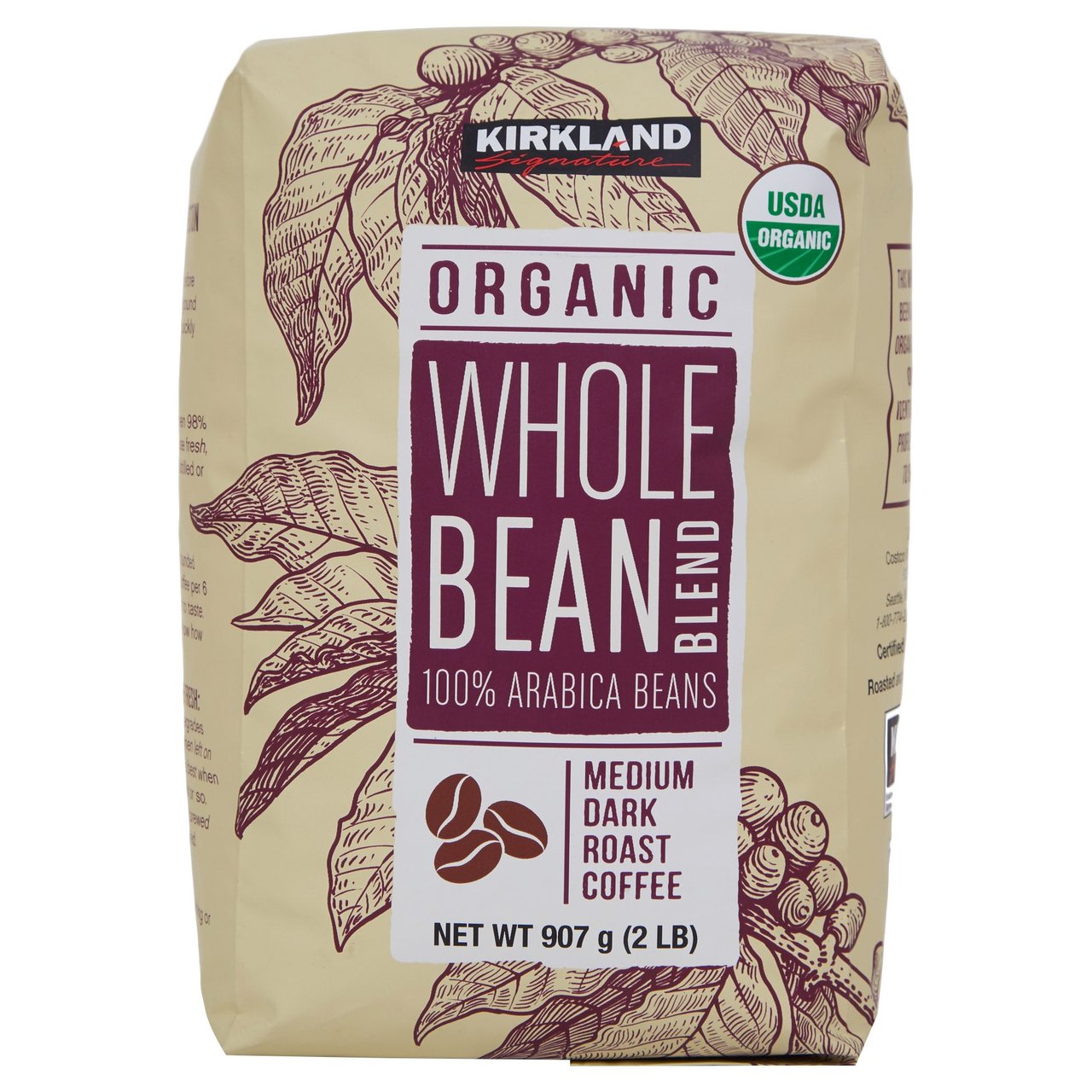 Kirkland Signature Organic Whole Bean Coffee Blend, 2 lb - Image 1