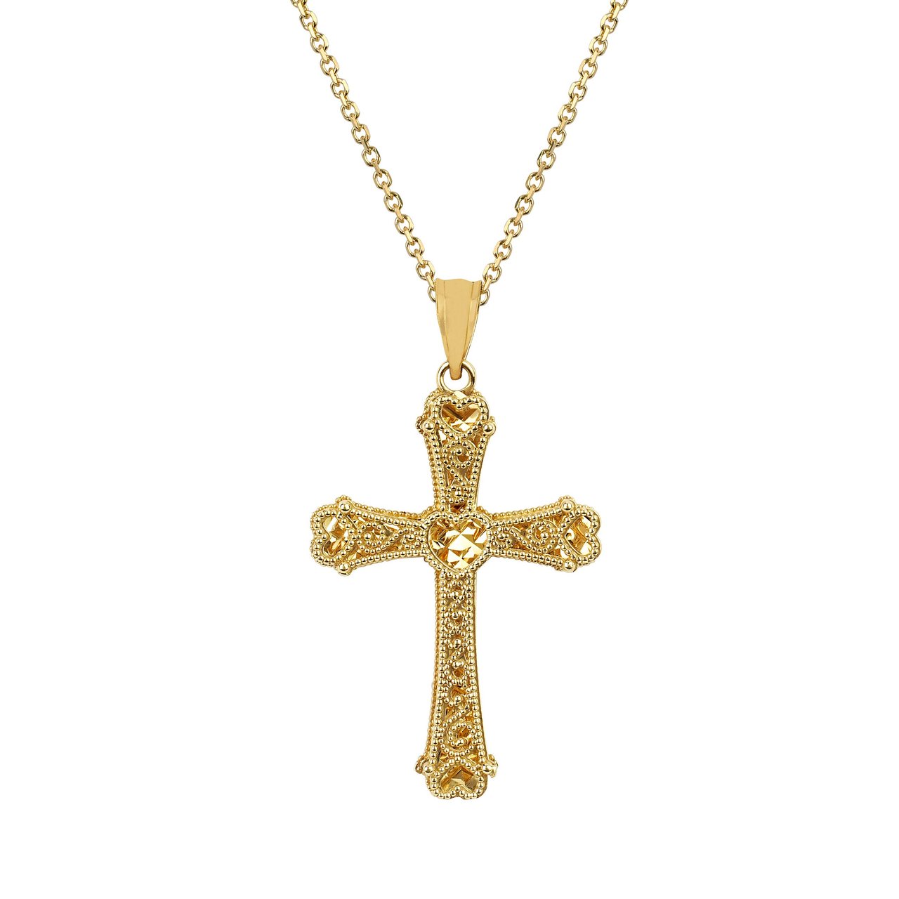14kt Yellow Gold Diamond Cut Cross with Heart Center 18" Chain - Image 1