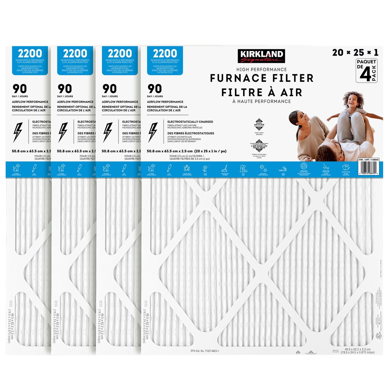 Kirkland Signature 2200 MPR High Performance Furnace Filters, 20" x 25" x 1", 4-Pack - Image 1