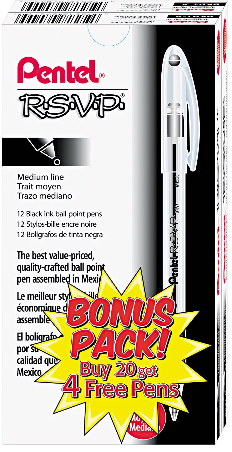 Pentel R.S.V.P. Stick Ballpoint Pen, Medium Point, Black, 24-Count