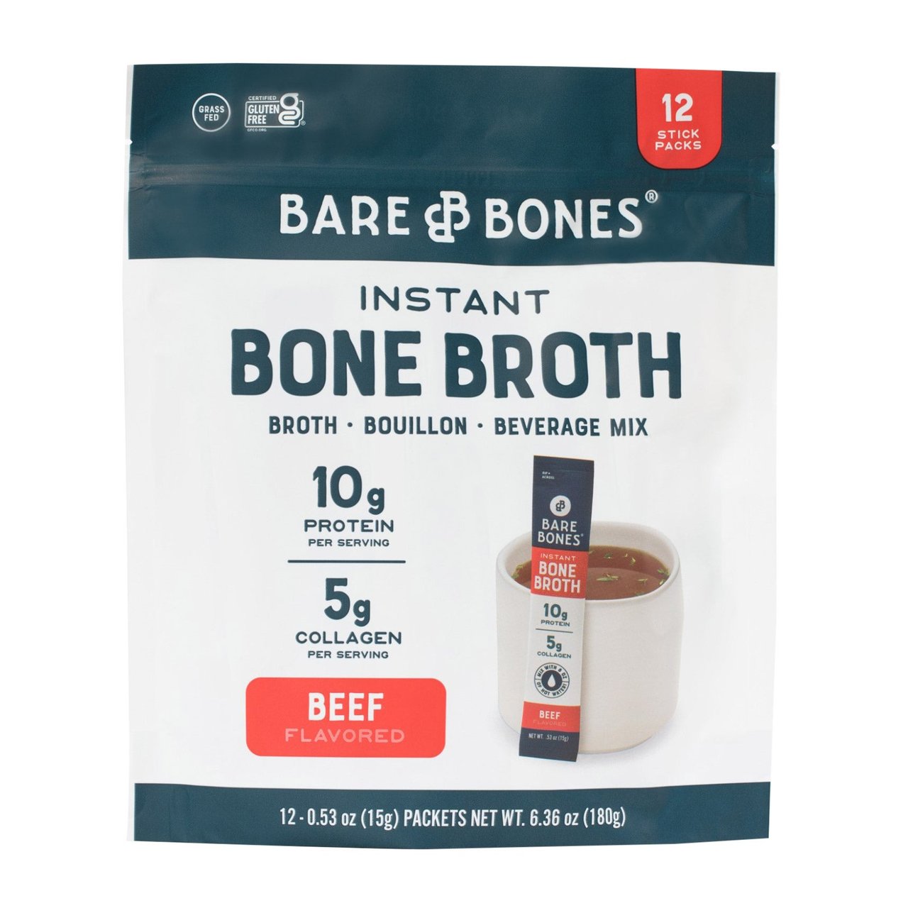 Bare Bones Beef Bone Broth, 12 Pack, 0.53 oz Each - Image 1