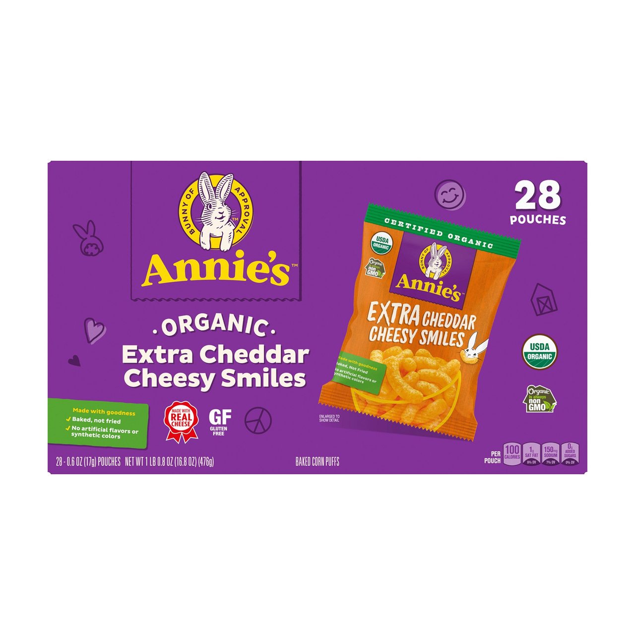 Annie's Organic Extra Cheddar Cheesy Smiles, 28/0.6 oz - Image 1