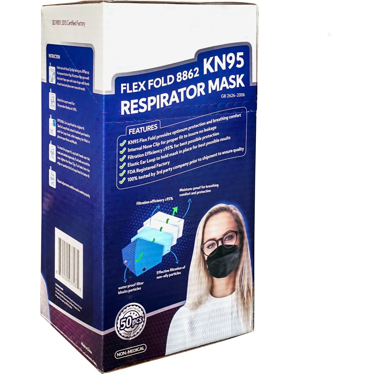 Flex Fold KN95 Respirator Mask, Black, 50 Count - Image 1