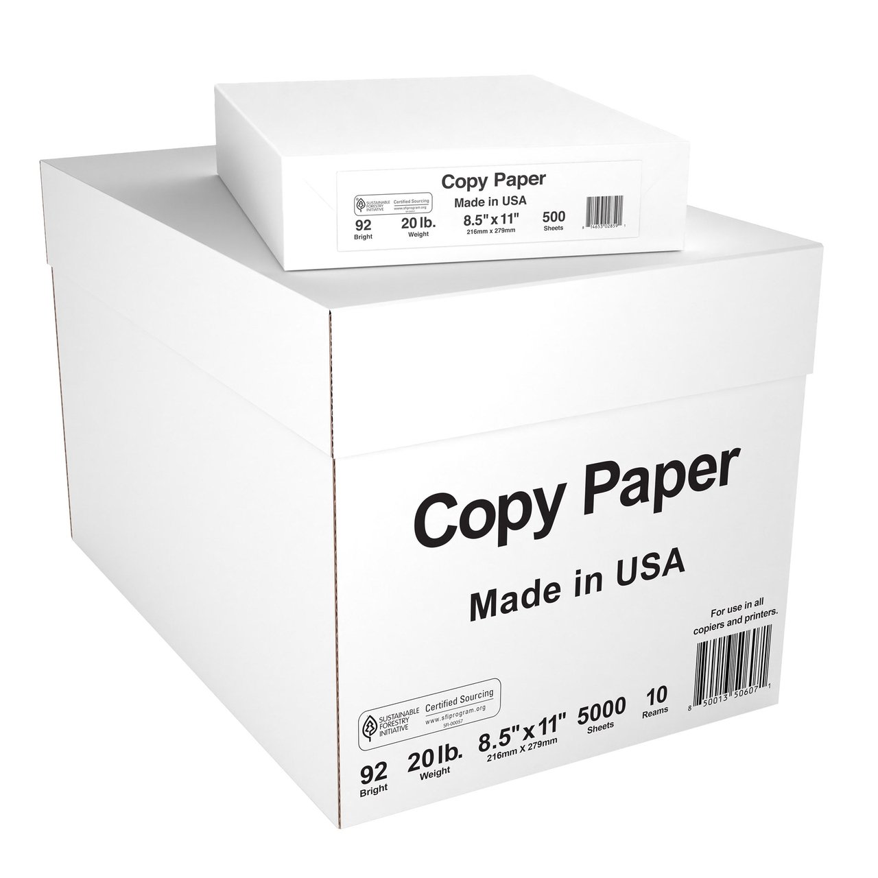 Commodity Copy Paper 20 lb 92 Bright 8.5" x 11" 5000 Sheets - Image 1