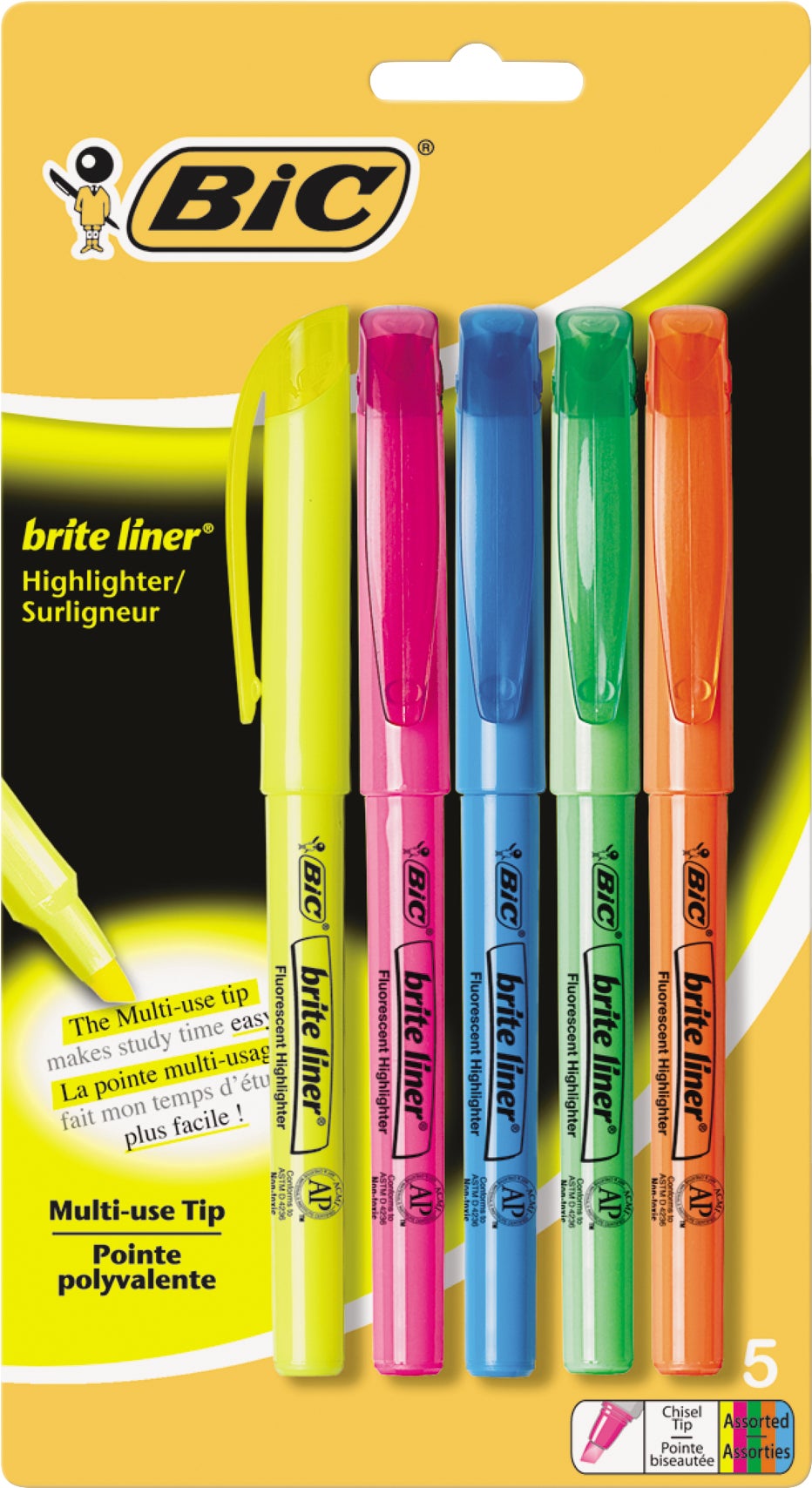BIC Brite Liner Highlighters, Chisel Tip, Assorted Colors, 5-Pack