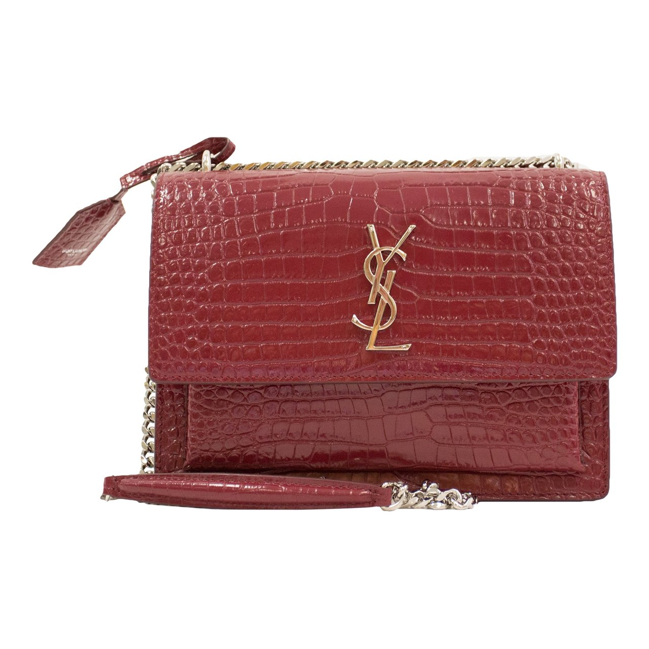 Yves Saint Laurent Medium Sunset Croc-Embossed Crossbody Bag, Garnet - Image 1