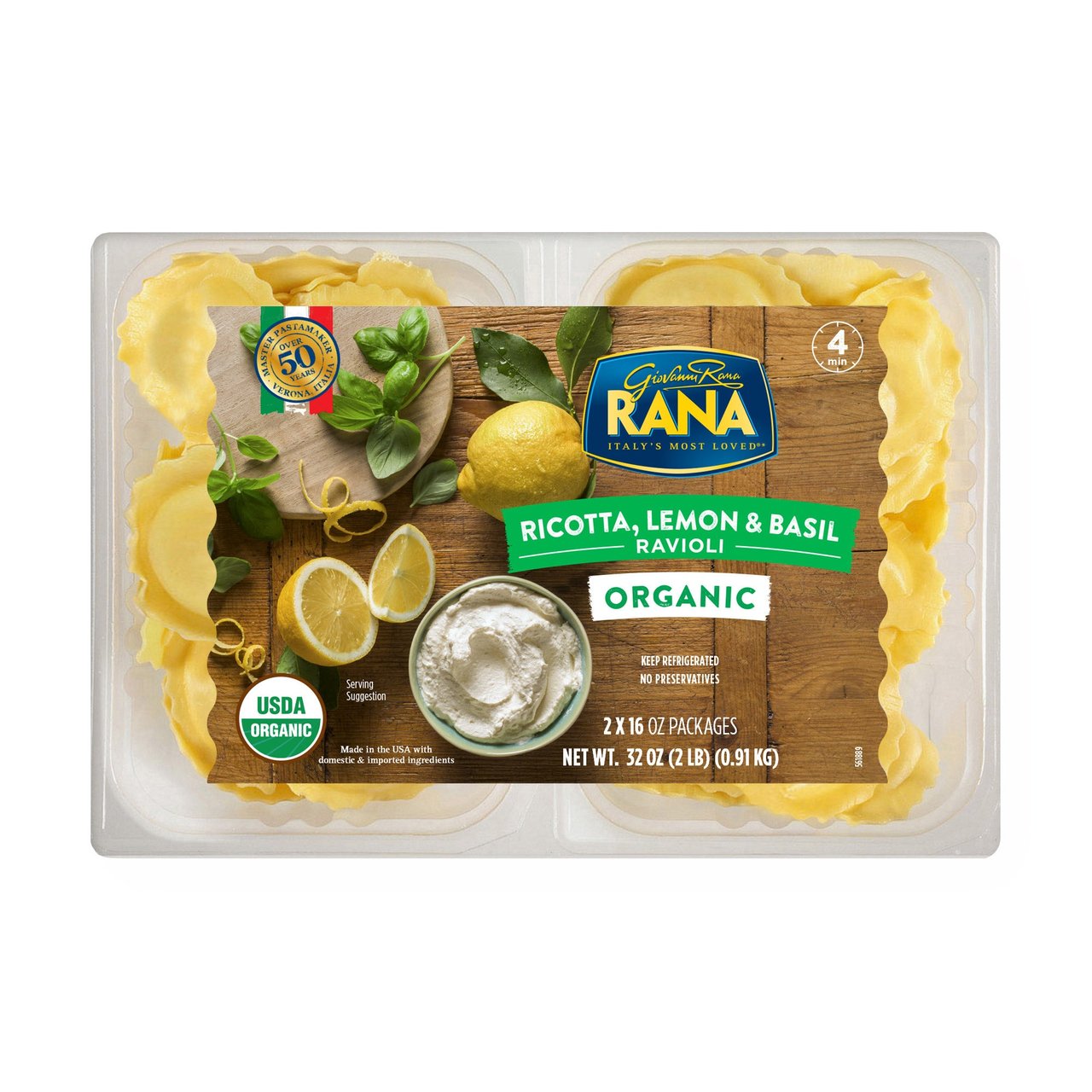 Rana Organic Ricotta, Lemon & Basil Ravioli, 2 x 16 oz Packages - Image 1