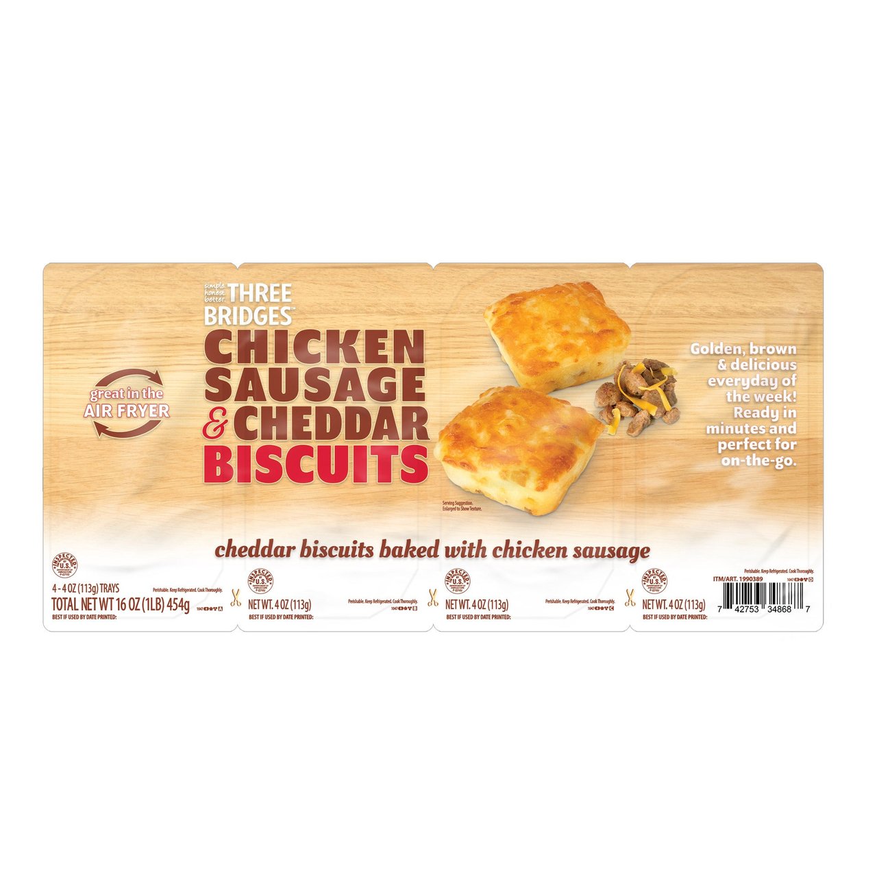 Three Bridges Chicken Sausage & Cheddar Biscuits, 4/4 oz - Image 1