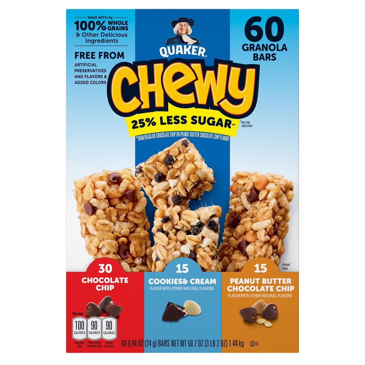 Quaker Chewy 25% Less Sugar Granola Bars, Variety Pack, 0.84 oz, 60 Count - Image 1
