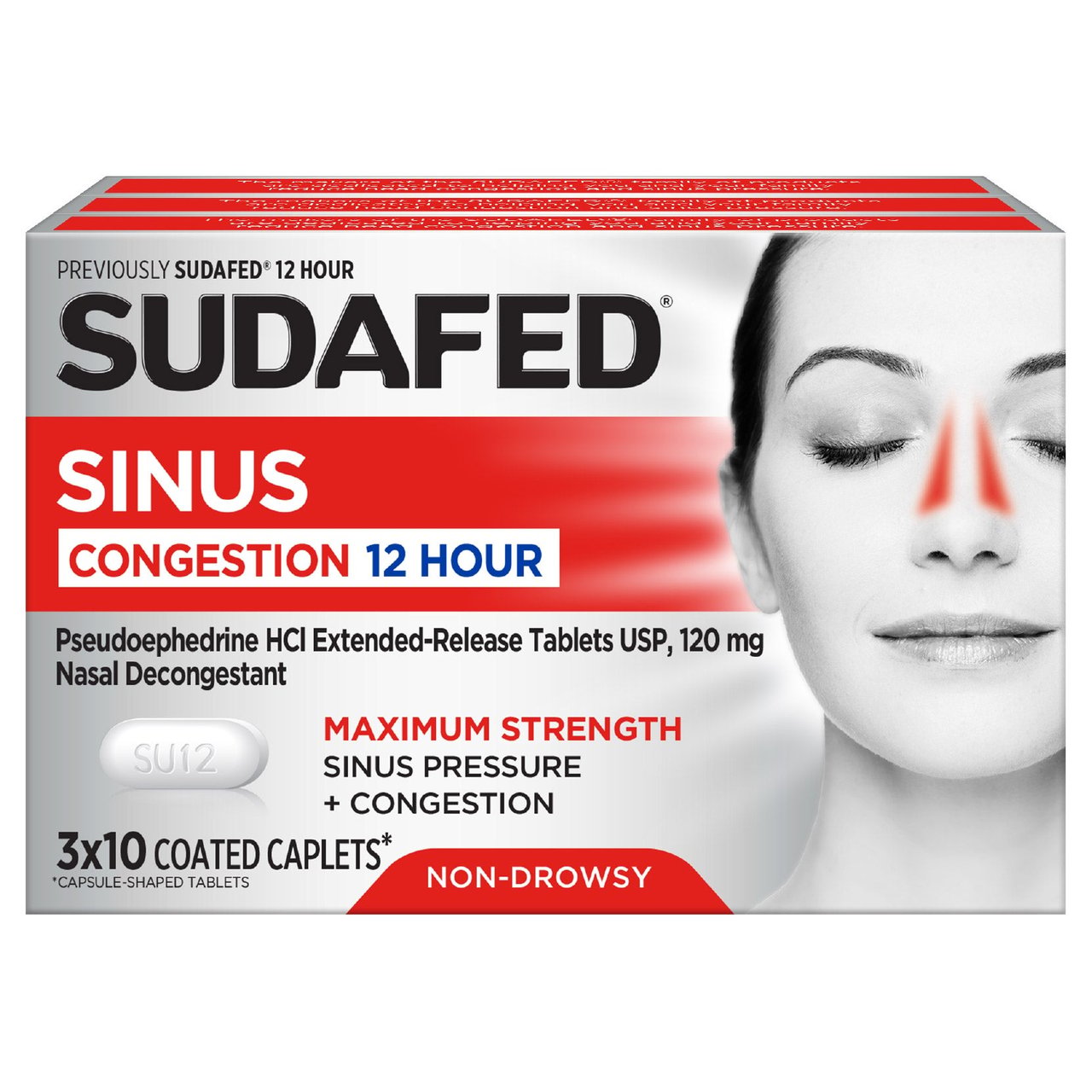 Sudafed Sinus Congestion 12 Hour Maximum Strength Decongestant Caplets, 120 mg Pseudoephedrine HCl, 30 Count (3 x 10) - Image 1