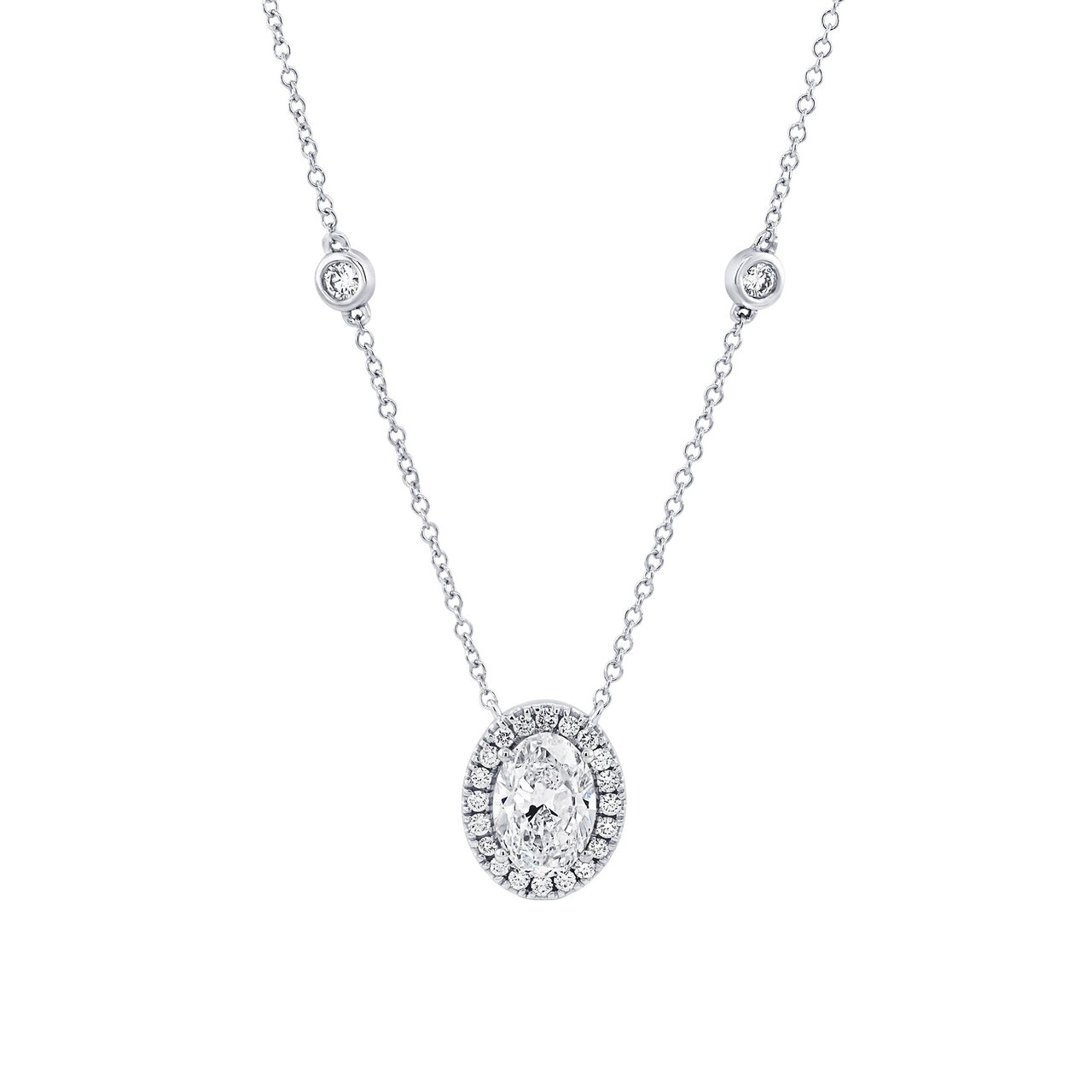 1.95 CTW Oval Cut 18KT White Gold 18" Halo Pendant, 1.50 CT Center Diamond, VS2, G Color - Image 1
