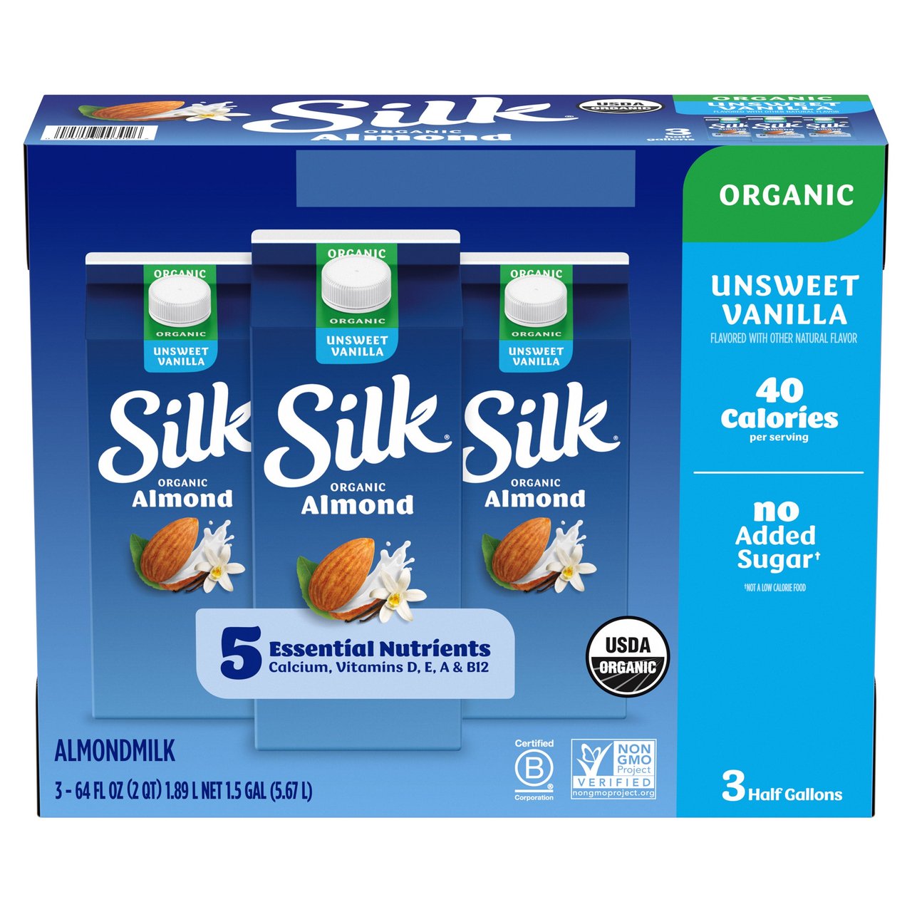Silk Organic Unsweetened Vanilla Almond Milk, 3 Pack, 64 fl oz Each - Image 1