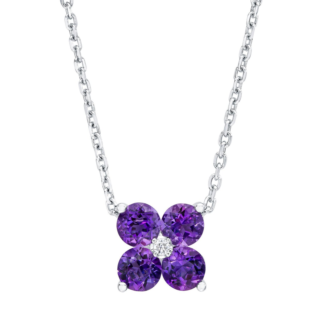 Amethyst and Diamond 14kt White Gold Flower Pendant Necklace - Image 1