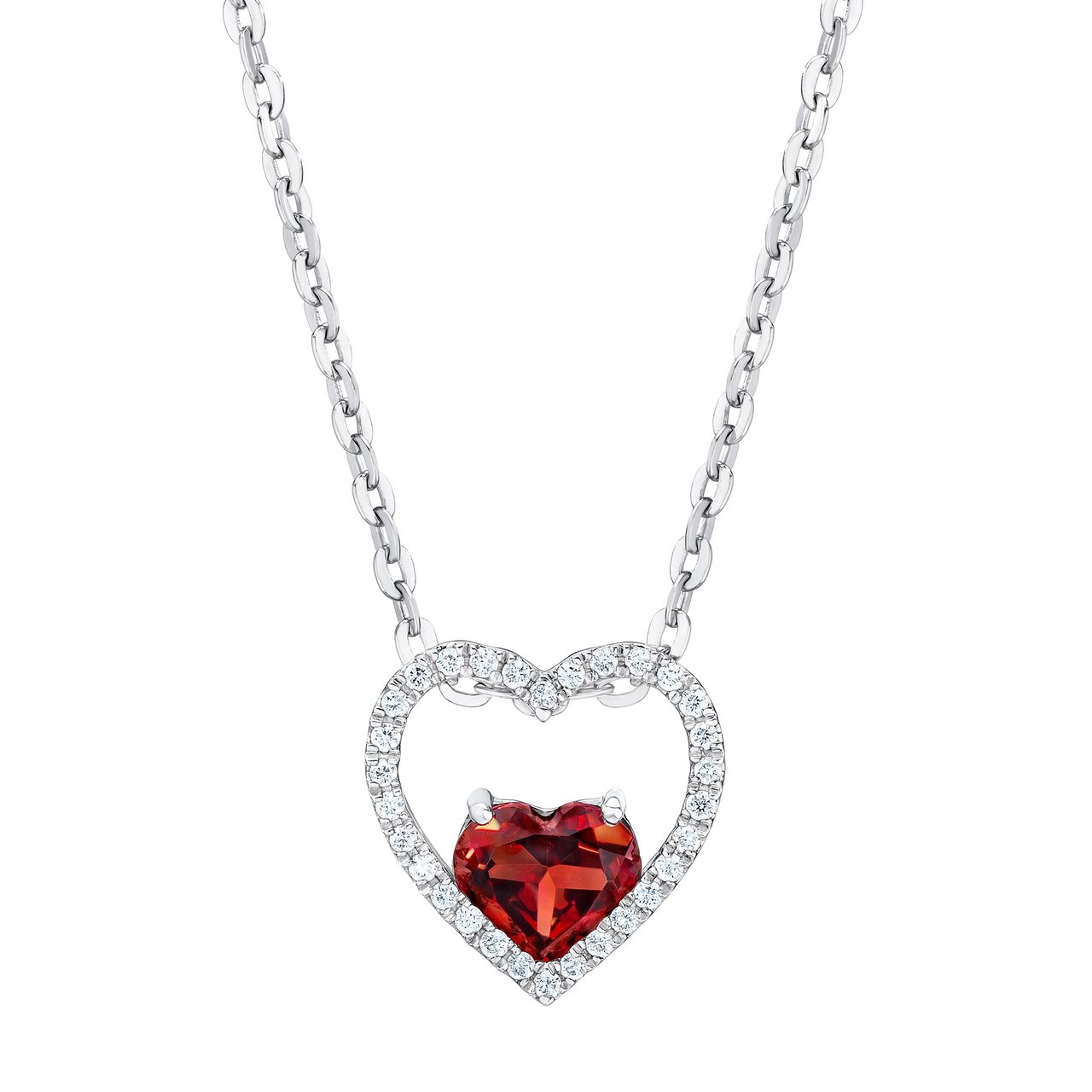 14kt White Gold VS2 I 0.15 CTW Round Diamond and Garnet Heart Necklace - Image 1