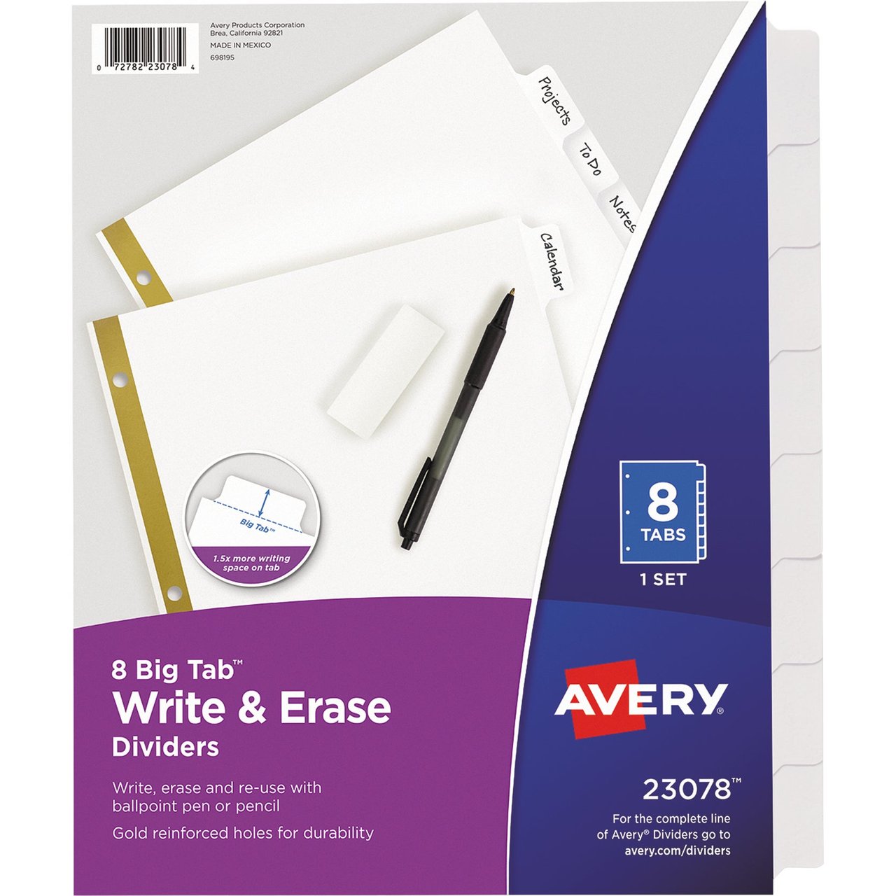 Avery Write & Erase 8 Big Tab Index Dividers AVE23078KT, 6-Pack