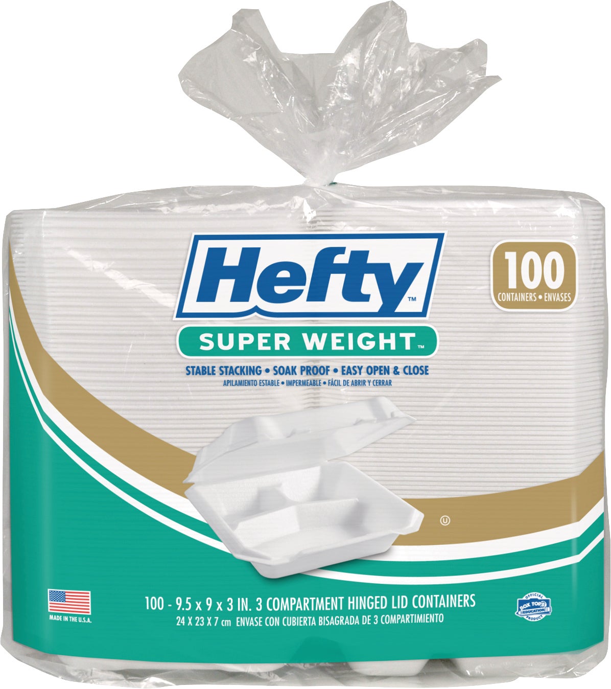 Hefty 3-Compartment Foam Container, 100 Count, 9"