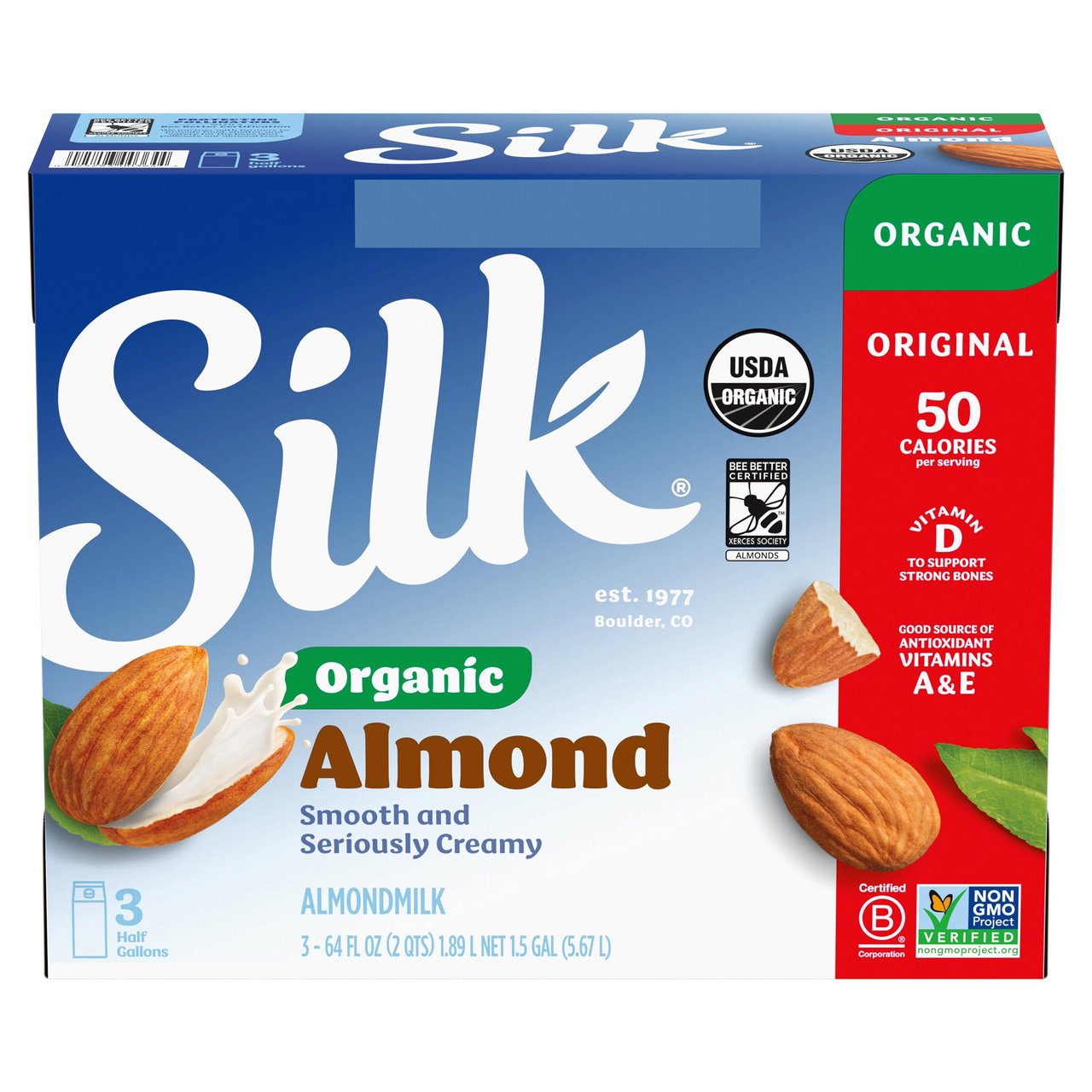 Silk Organic Almondmilk, Original, 3-Pack, 64 fl oz Each - Image 1