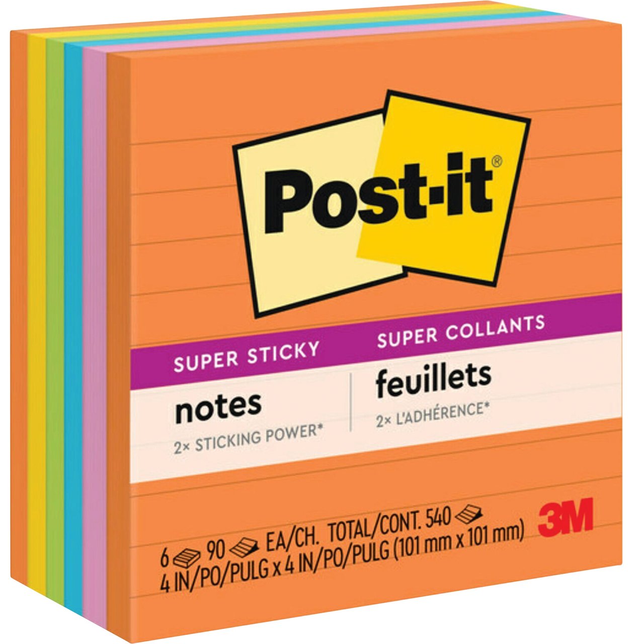 Post-it Super Sticky Ruled Notes, Energy Boost Colors, 4" x 4", 6-Pack - Image 1