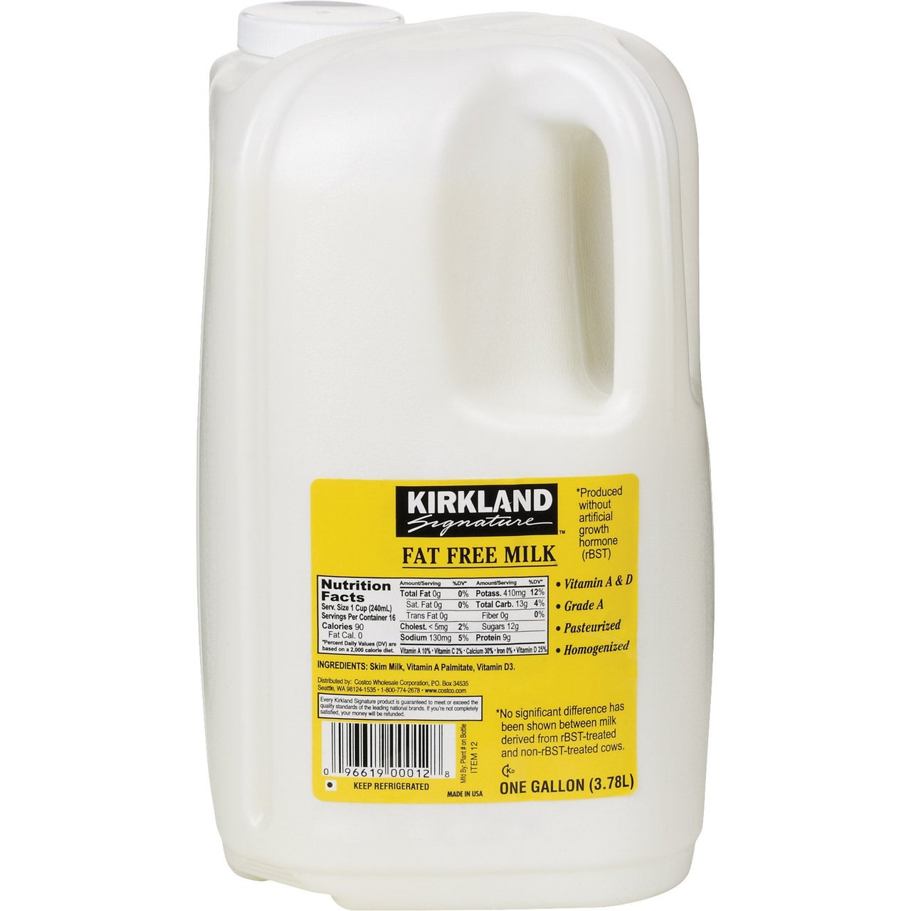 Kirkland Signature Fat Free Milk, 2-Pack (1 Gallon Each)