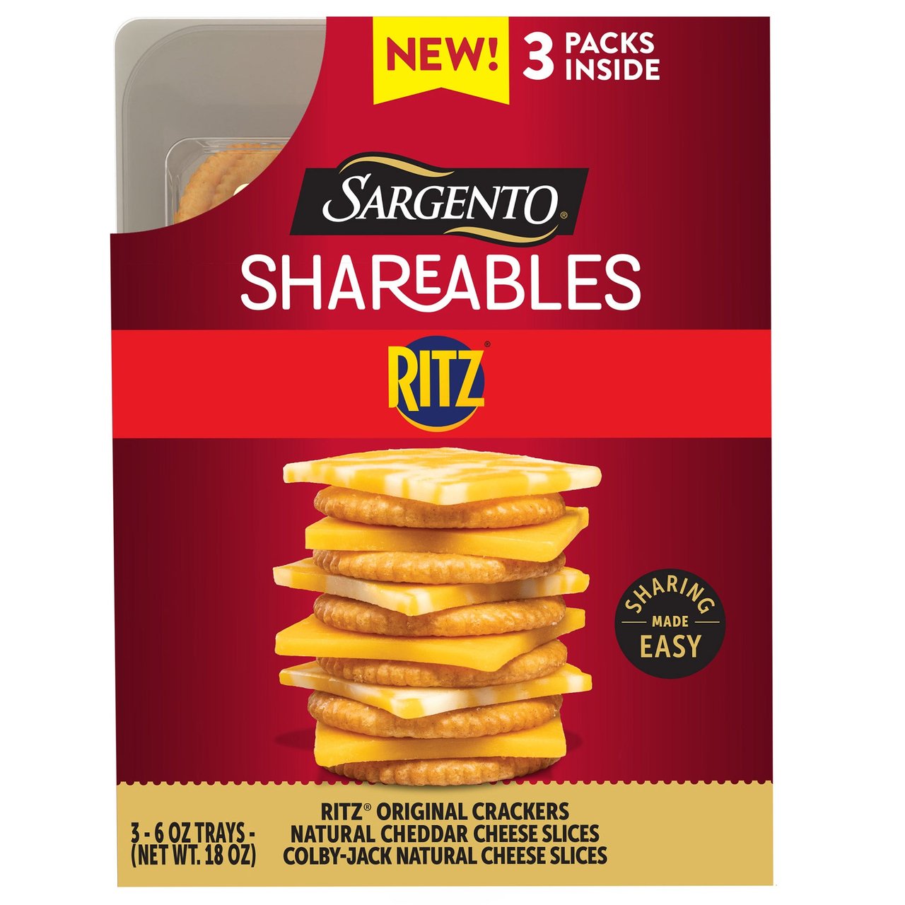 Sargento Shareables Natural Cheddar & Colby-Jack Cheese Trays with Ritz Crackers, 3-Pack (6 oz Each) - Image 1