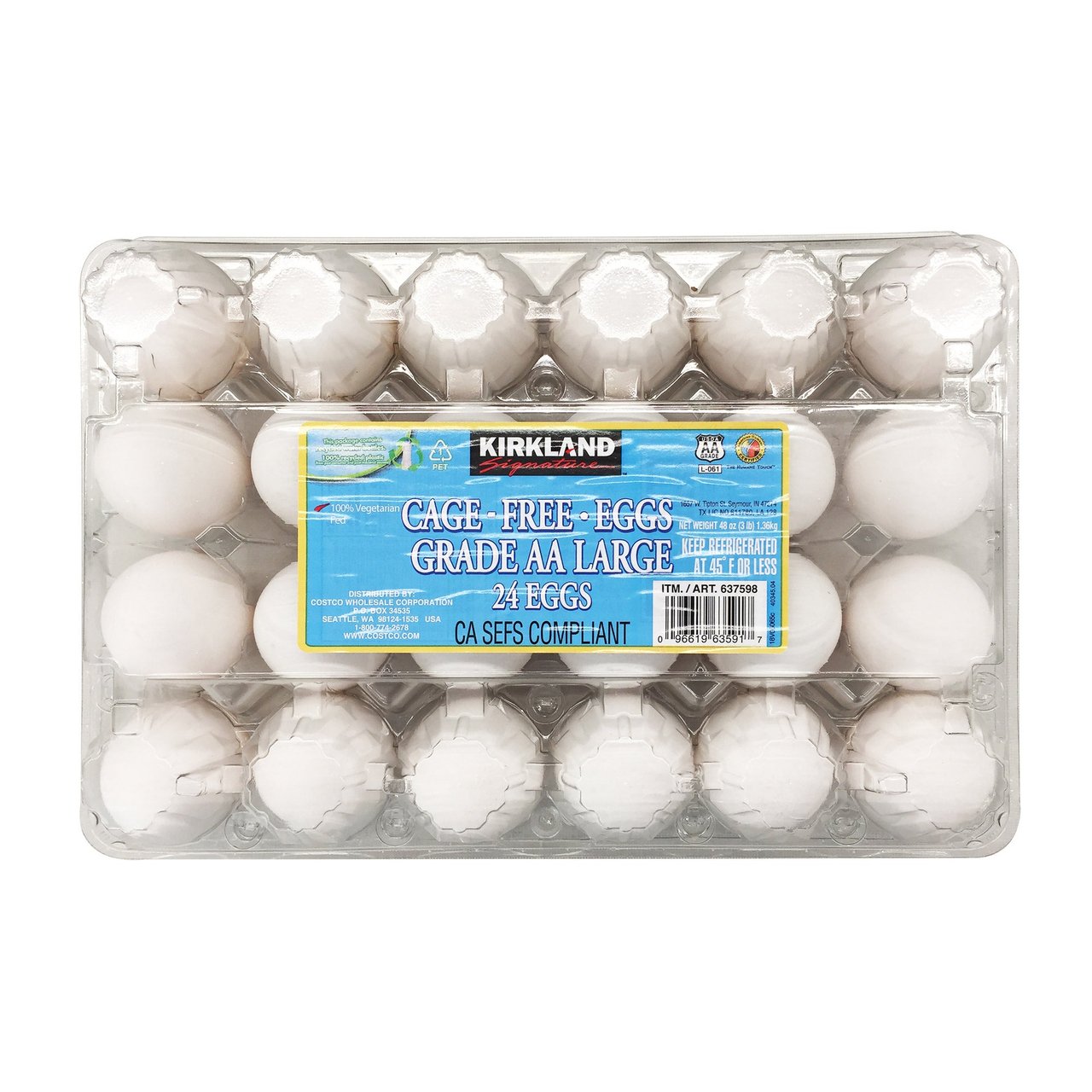 Kirkland Signature USDA Grade AA Cage Free Large Eggs, 2 Dozen