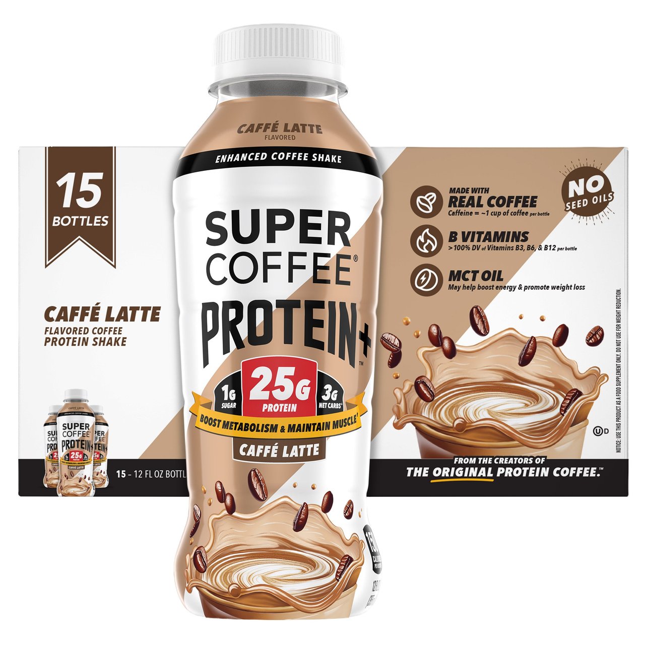 Super Coffee Protein+ Caffe Latte 12 fl oz, 15-Pack - Image 1