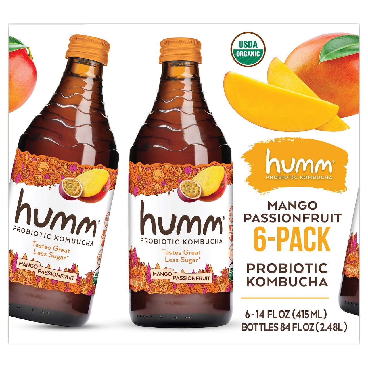 Humm Organic Less Sugar Mango Passionfruit Kombucha, 6 x 14 fl oz - Image 1