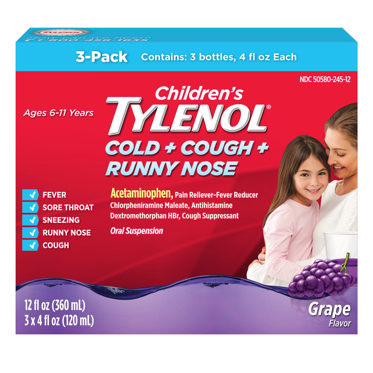 Tylenol Children's Cold+Cough+Runny Nose Oral Suspension, 3 x 4 oz