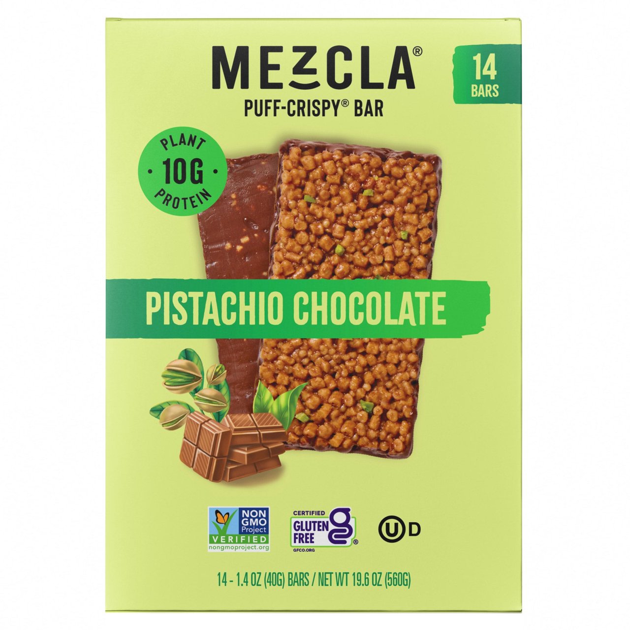 Mezcla Pistachio Chocolate Puff-Crispy Bar, 14 Count, 1.4 oz Each - Image 1