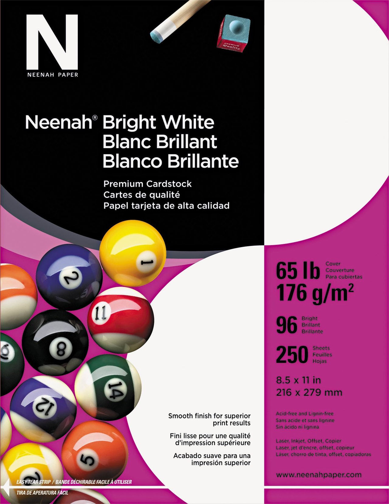 Neenah Bright White Card Stock, 65 lb, 8.5" x 11", 250 Sheets (WAU91904)
