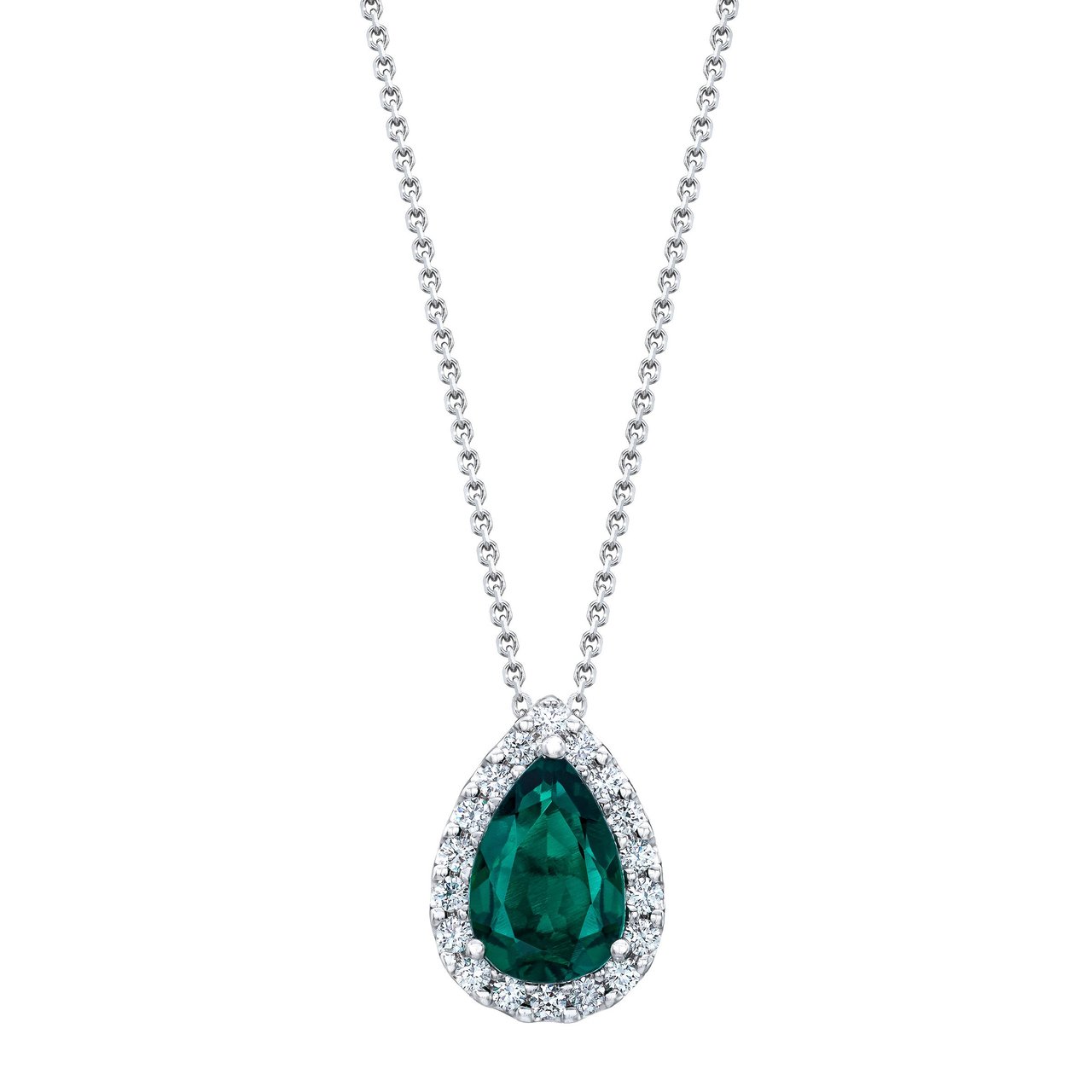14kt White Gold VS2 I 0.45ctw Diamond & Pear Lab Emerald Pendant - Image 1