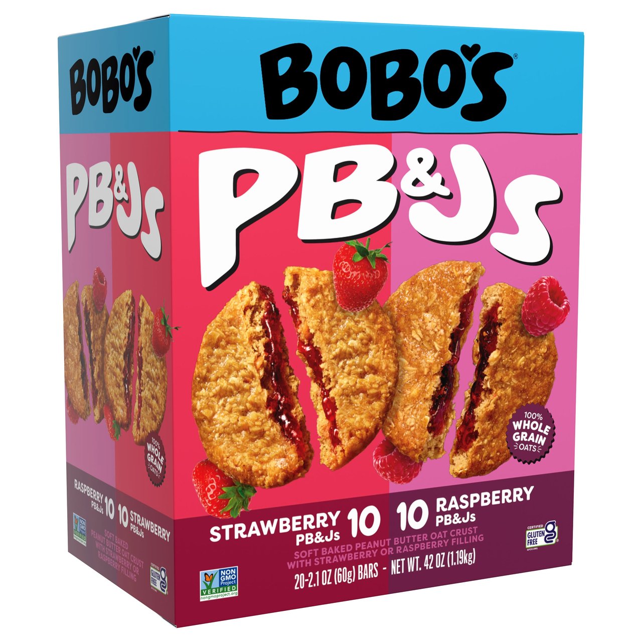 Bobo's PB&Js Oat Sandwich Bar Variety Pack, Strawberry & Raspberry, 2.1 oz, 20 Count - Image 1