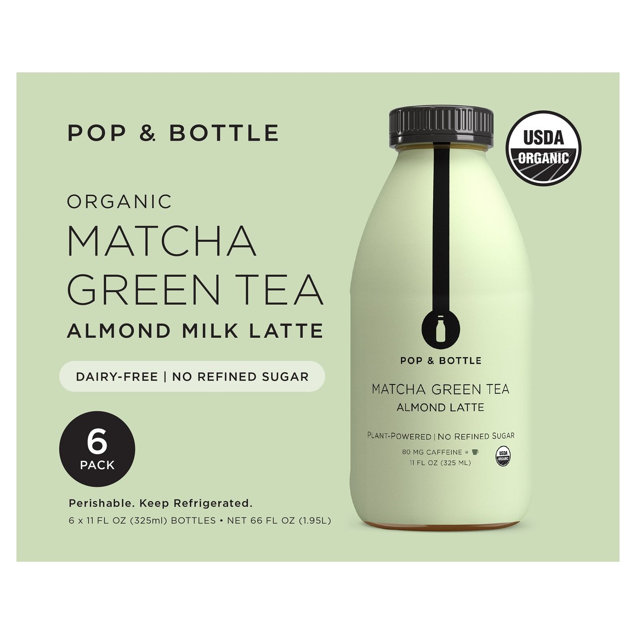 Pop & Bottle Matcha Green Tea Latte Almond Milk 6 CT 11 oz - Image 1