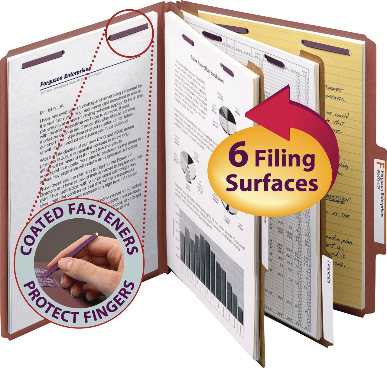 Smead Pressboard Classification Folders with SafeSHIELD Fasteners, 2/5 Cut, 2 Dividers, Letter Size, Red, 10/Box - Image 1