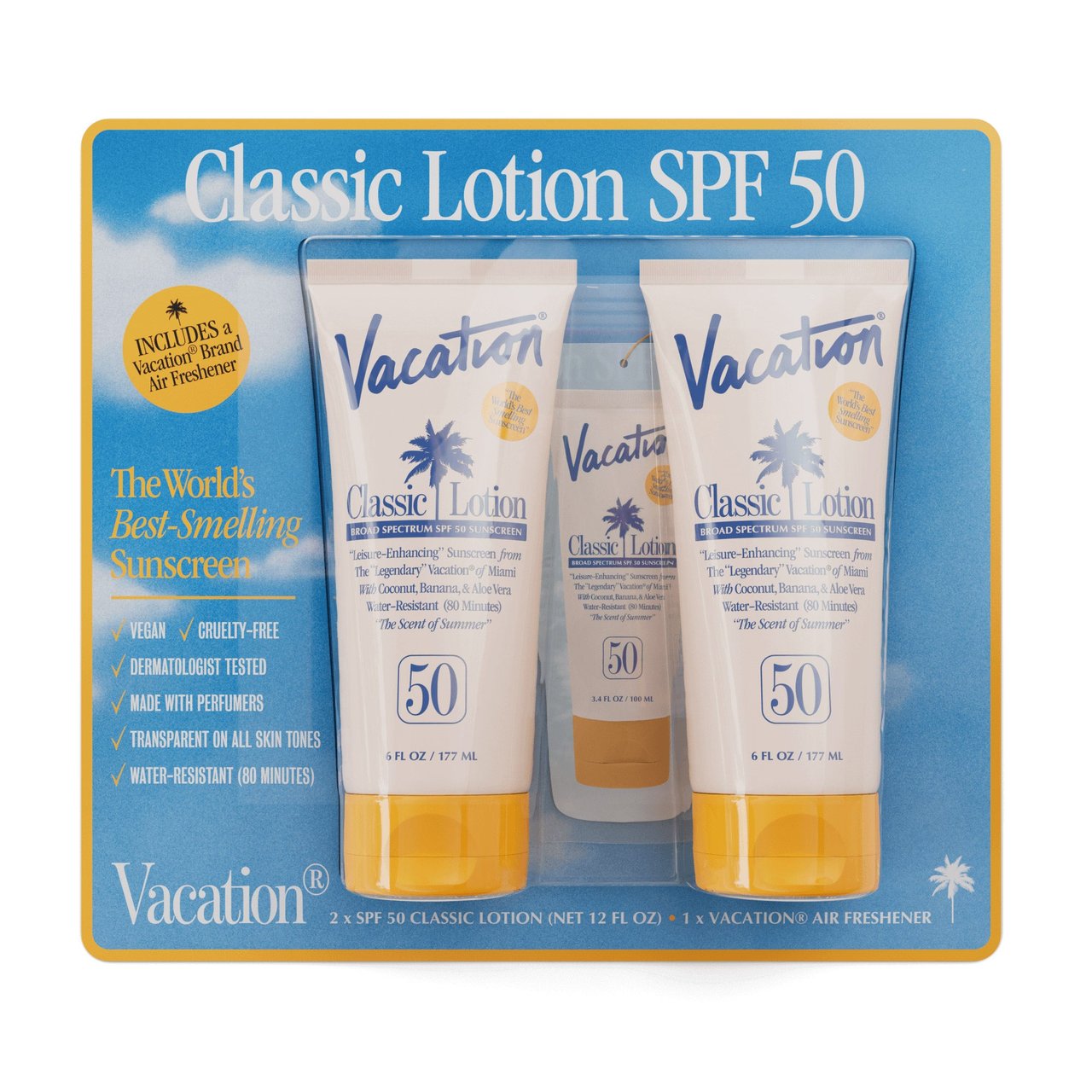Vacation Classic Lotion SPF 50, 2-Pack of 6 fl oz Bottles with Air Freshener - Image 1