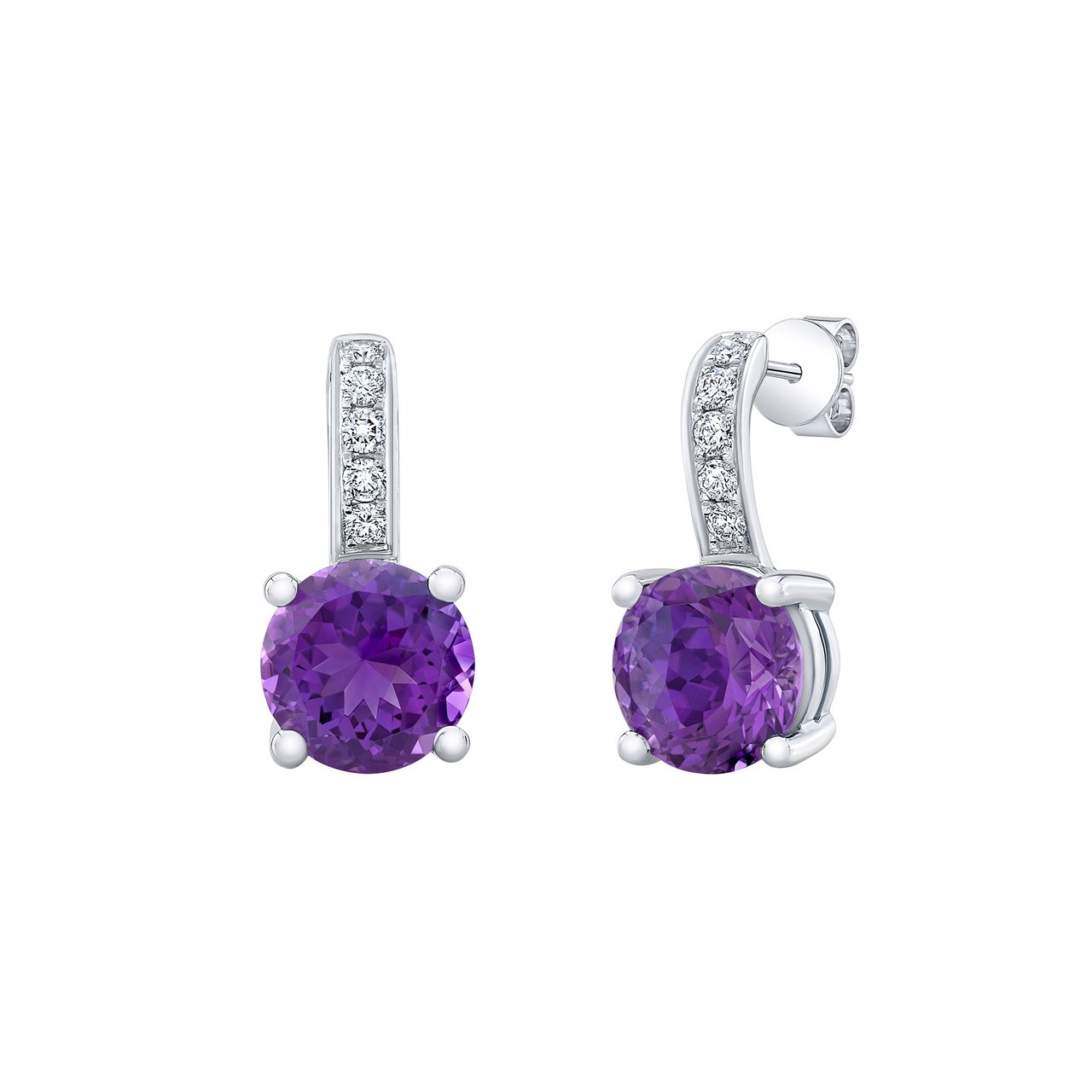 14KT White Gold 6MM Round Amethyst & Diamond Earrings - Image 1